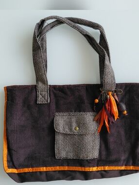 Brown Corduroy Tote with Orange Trim and Tassel Accent